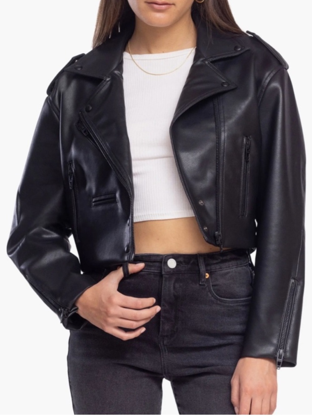 BLANKNYC High Standard Vegan Faux-Leather Crop Moto Jacket Black Size S Small